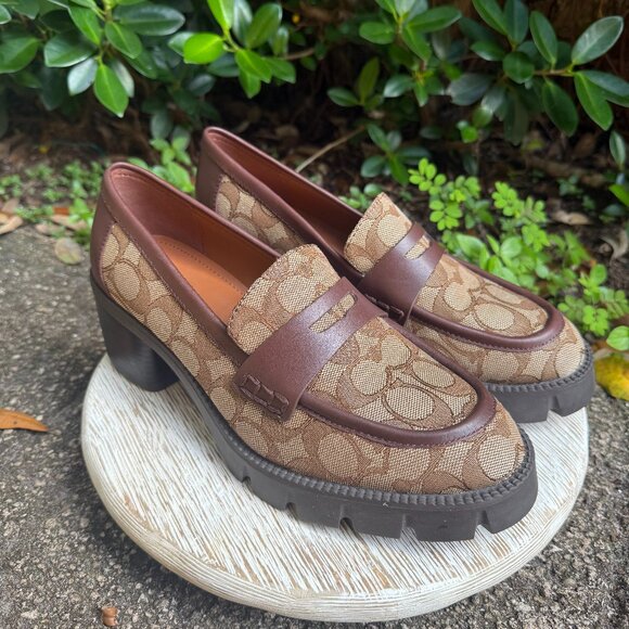 COACH COLLEEN LOAFER 8.5 SIGNATURE MONOGRAM JACQUARD Women's Shoe Brown Leather - Picture 1 of 12
